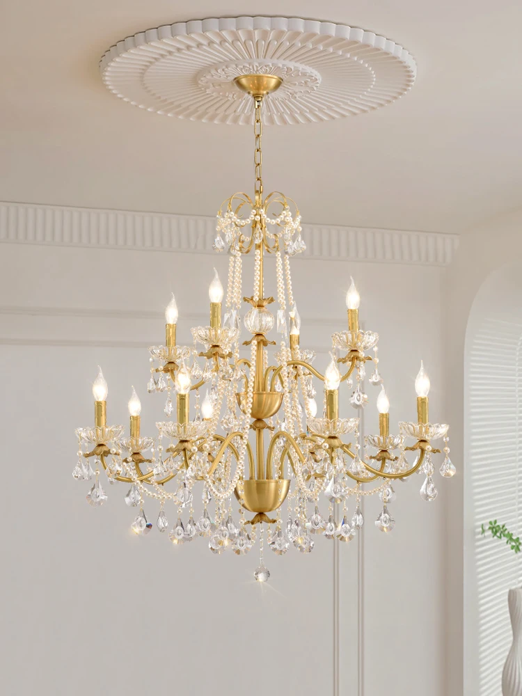 French Style All Copper Crystal LED Chandelier Pearl Decorated Light for Living Room Dining Room luxury hotel project Lighting