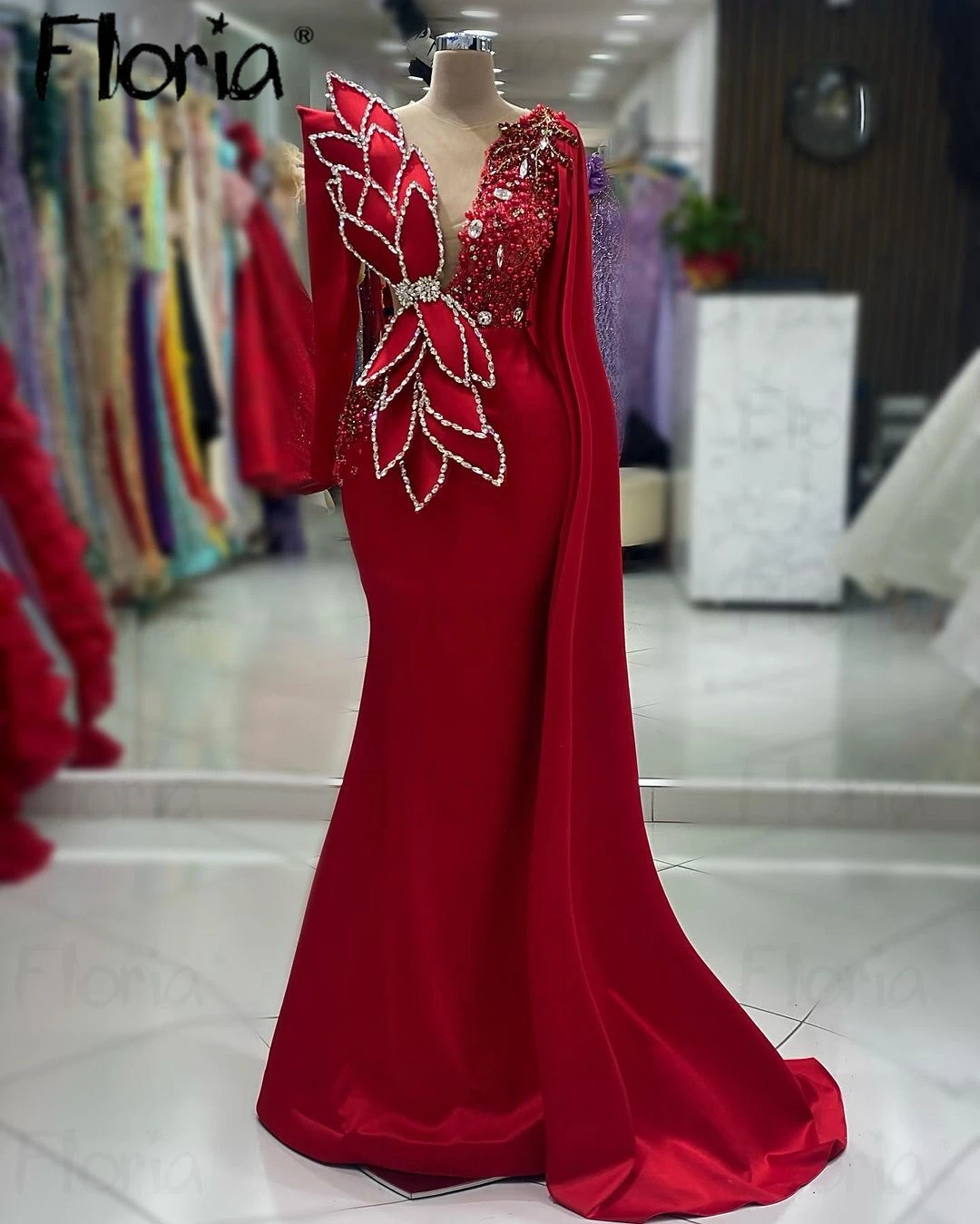 Floria Arabic Red Evening Dresses Dubai Luxury Long Cape Sleeve Formal Occasion Dresses  Robe Soirée Female Crystals Customized