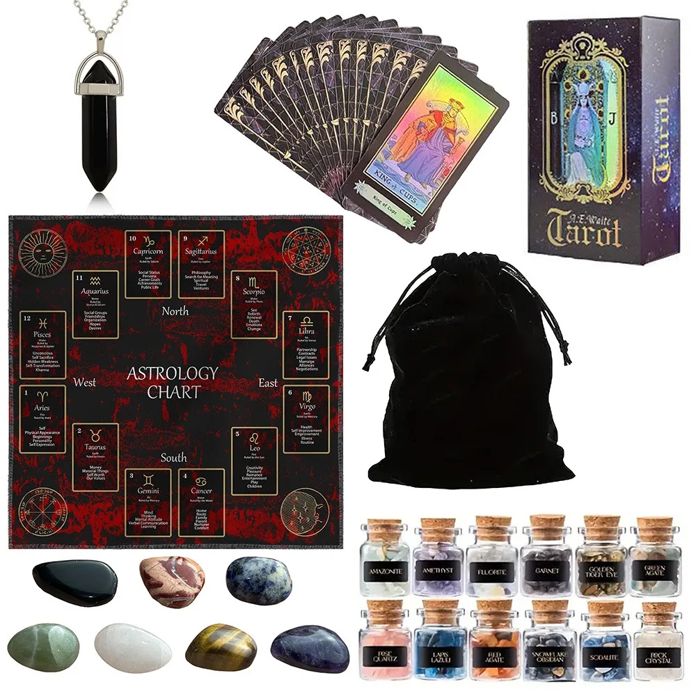 Tarot Card Set 1 Set 78 Tarot Cards 12 Mini Crystal Vases 7 Chakra Stones 1 Tarot Tablecloth 1 Pendant Accessory 1 Storage Bag