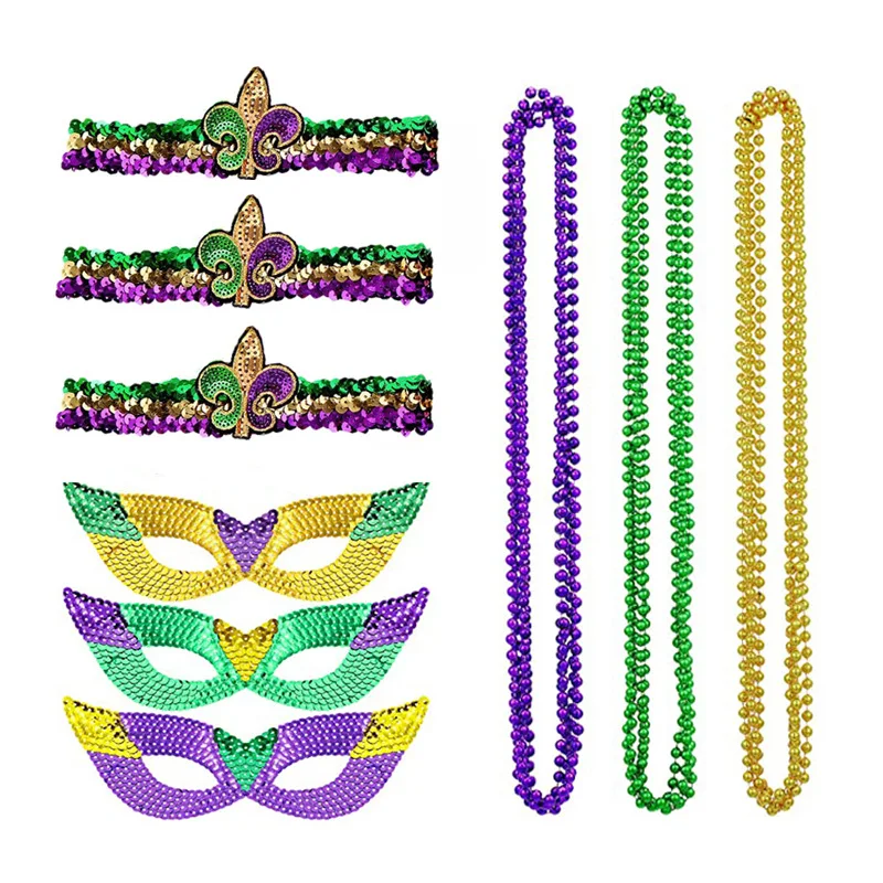 24pcs Mardi Gras Carnival Sequin Hat Bead Chain Mask Set Party Carnival Set Carnival Festival Decoration Party Supplies Decor