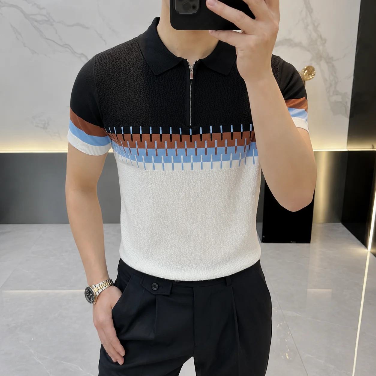 Summer Knitted Jacquard Half Zipper Polo Shirts Men High Quality Leisure Business T-shirt Ice Silk Comfortable Social Office Top