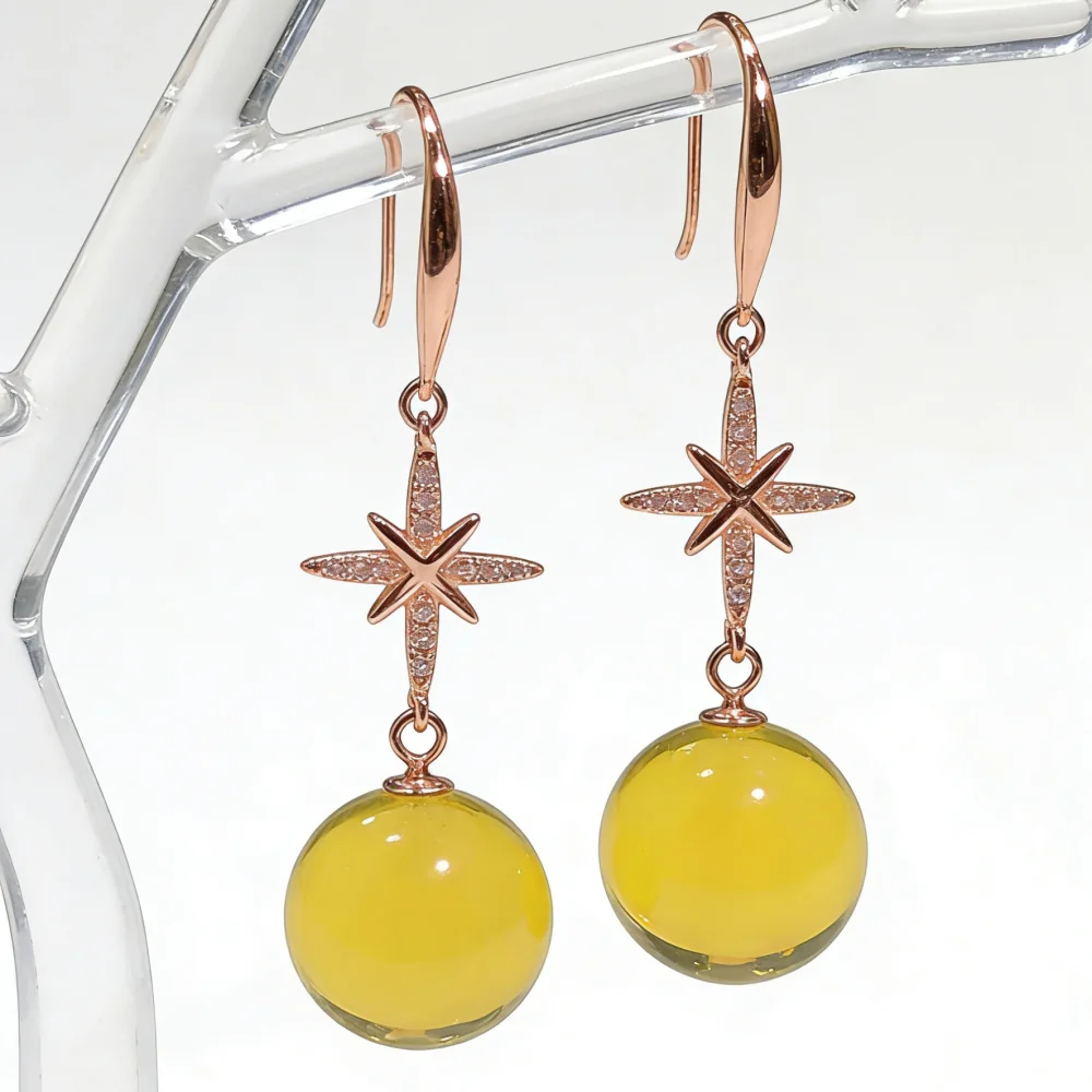 

Natural Mexican Blue Amber Earrings 13mm Sterling Silver Rose Gold Ear Hooks Star Charm with Zirconia FashionJewelryGiftforWomen