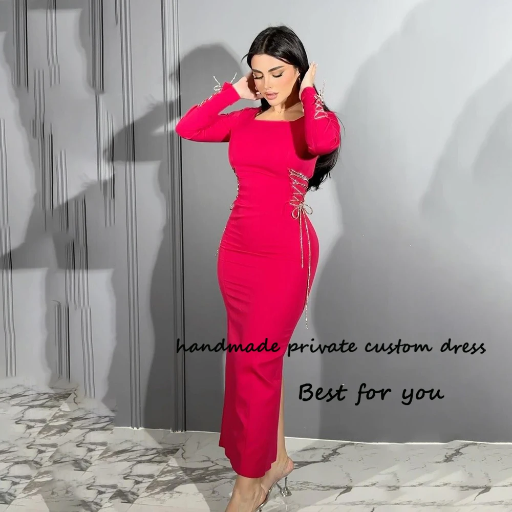 

Fuchsia Satin Mermaid Evening Dresses for Women Long Sleeve Square Neck Arabian Dubai Prom Dress with Slit Ankle Length