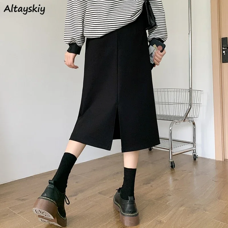 

Черная юбка женская миди с высокой талией универсальная элегантная корейская мода уличная одежда трапециевидной формы простой свободный с разрезом сзади стильный Harajuku