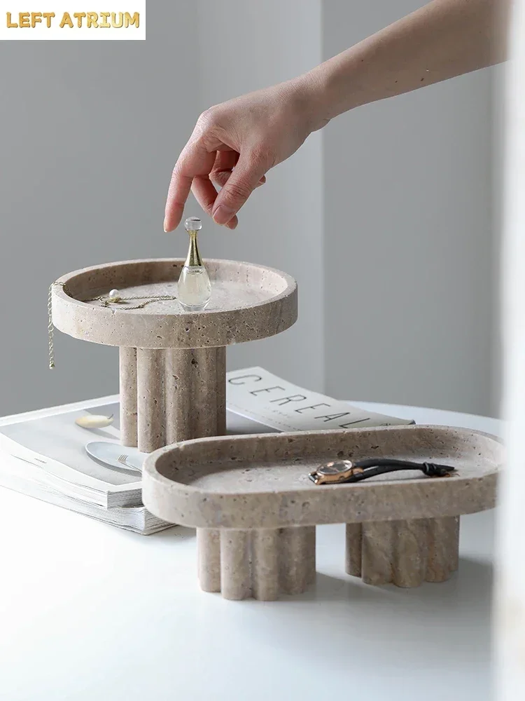Spiral Roman Column French Wabi Sabi Natural Travertine Tray High Foot Fruit Basin Marble Decorative Storage Trays Scallop