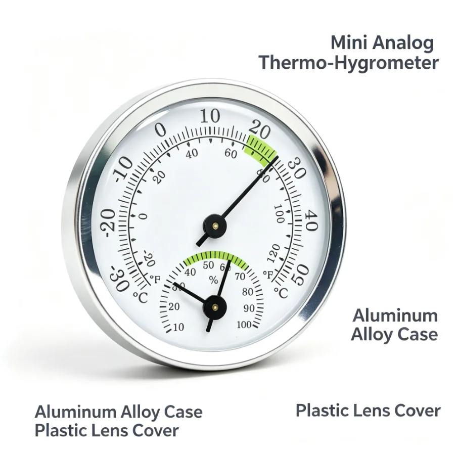 Mini Analog Thermometer Hygrometer, No Battery Required, Wall Mount Pointer Temperature Humidity Gauge