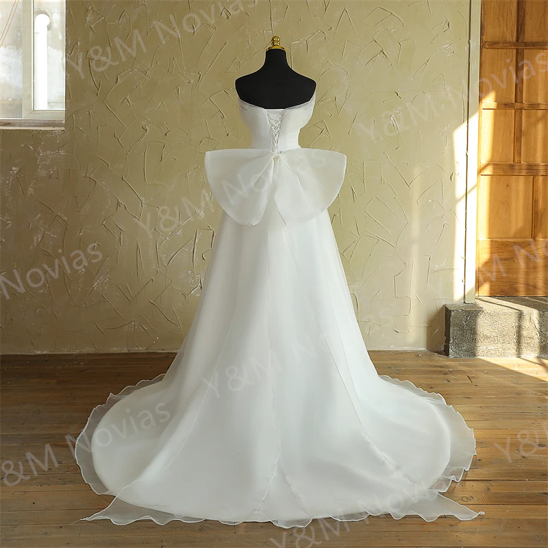 Chiffon Sweetheart A Line Korea Wedding Dresses with Train Pleats Corset Back Bridal Gowns Short Sleeve Customized Bride Dress