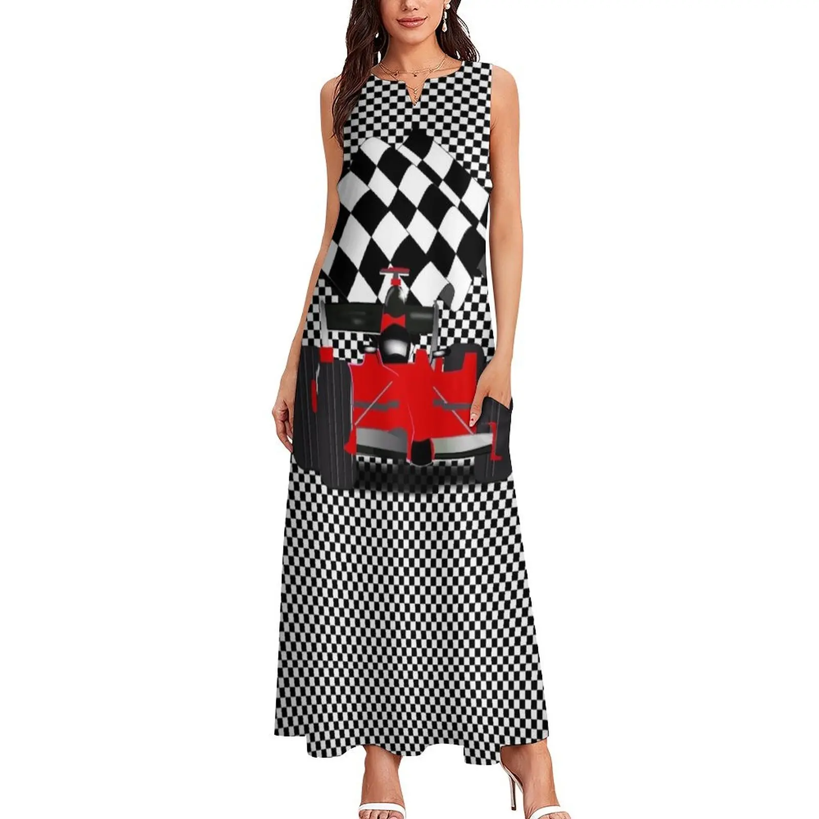 Red Race Car with Checkered Flag Long Dress dresses korean style luxury dress