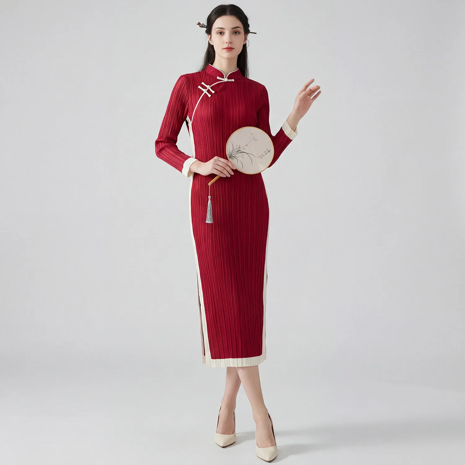 

Платье-чонсам в стиле ретро с улучшенной складкой от Мияке, весеннее, женское, молодежное, элегантное, средней длины