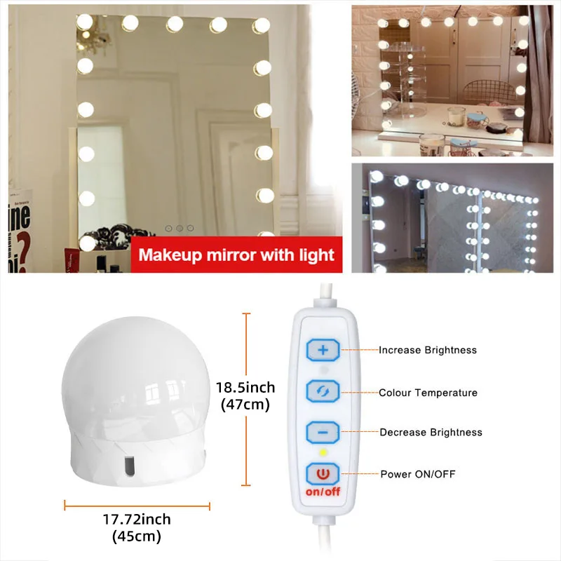 LED Makeup Mirror Fill Light, Three-Tone Light with Adjustable Brightness, Plug-and-Play Beauty Mirror Ambient Light