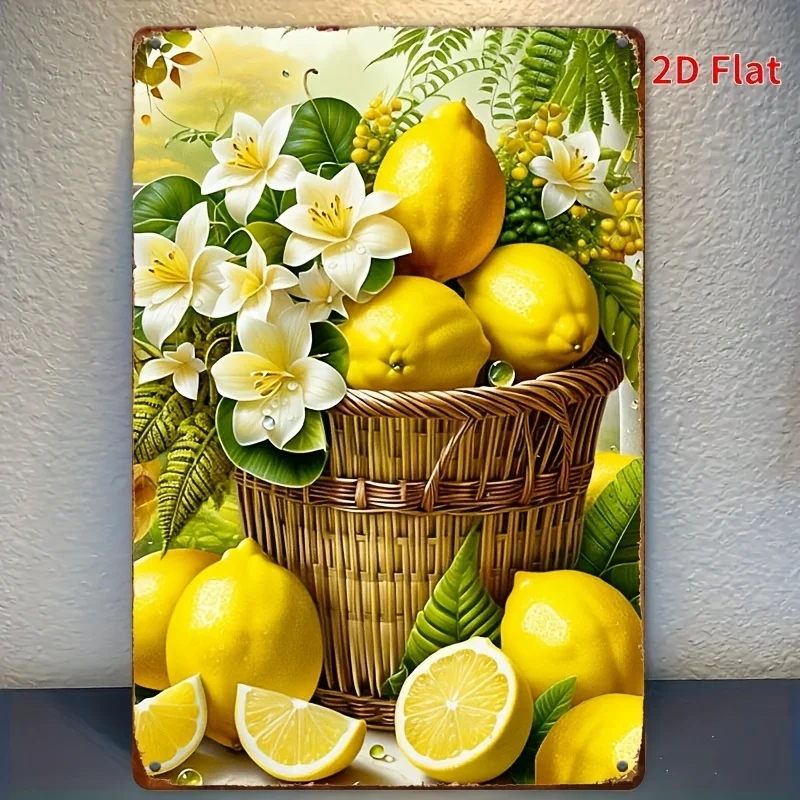 2D Flat One Piece 8x12 Inch Metal Sign featuring Fresh Lemons and White Flowers in Wicker Basket for Kitchen Wall Decor