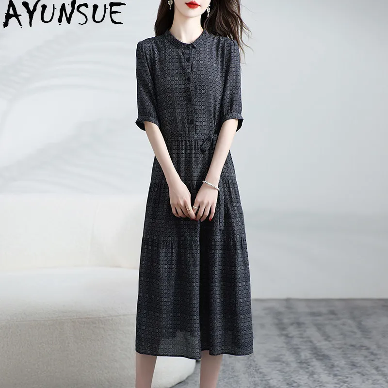 AYUNSUE 100% Mulberry Silk Party Dress Women Clothing Elegant Womens Dresses Waist Vintage Summer Dress Commute Платье Женское
