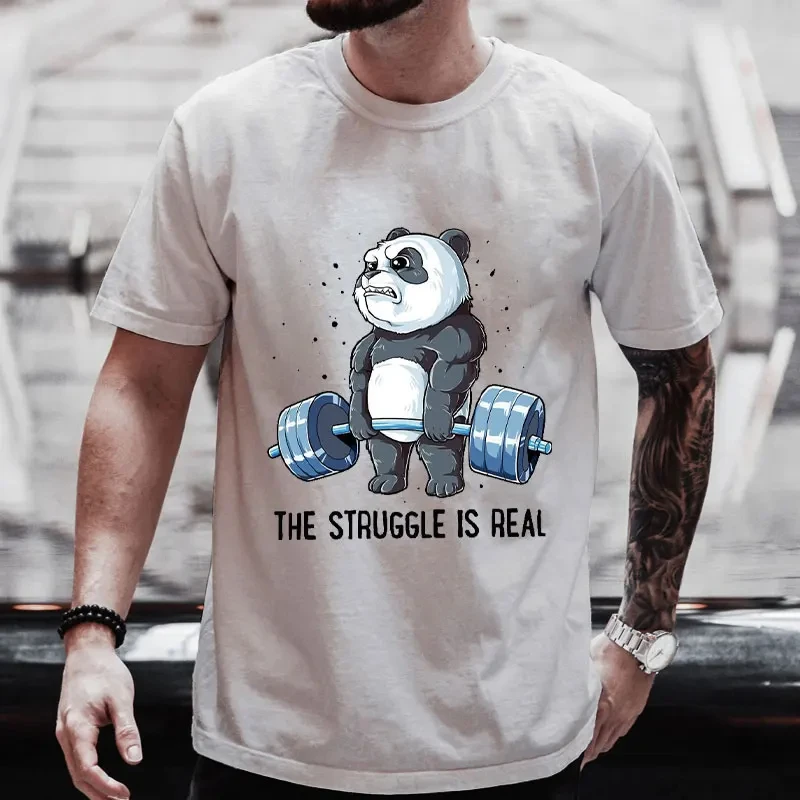 The Struggle Is Real Panda Weightlifting Graphic T Shirt Man Clothes Tops Short Sleeve Men's Brand T-shirt Gym Men's O-neck Tees