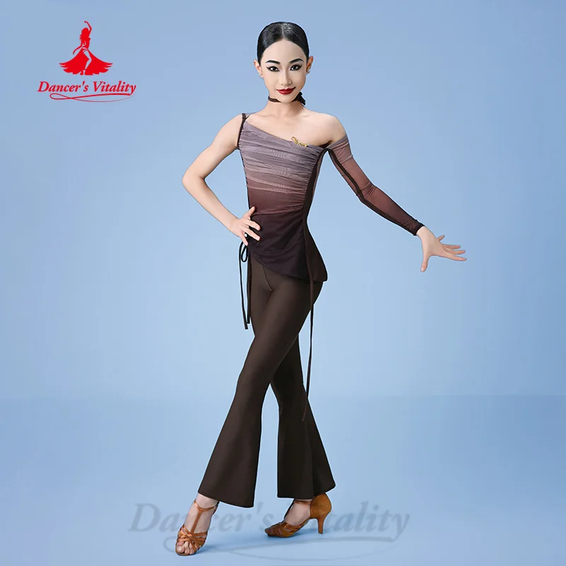 Latin Dance Practice Outfit Sexy Mesh Top+slimming Bell-bottom Trousers Set Adult and Children Tango Samba Rumba Training Suit