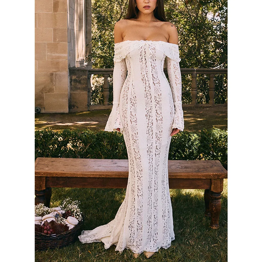 

Fashion Women Dresses White Sexy One-shoulder Lace Dresses Temperament Bandeau Maxi Slim Fishtail Hook Flower Hollow Dresses