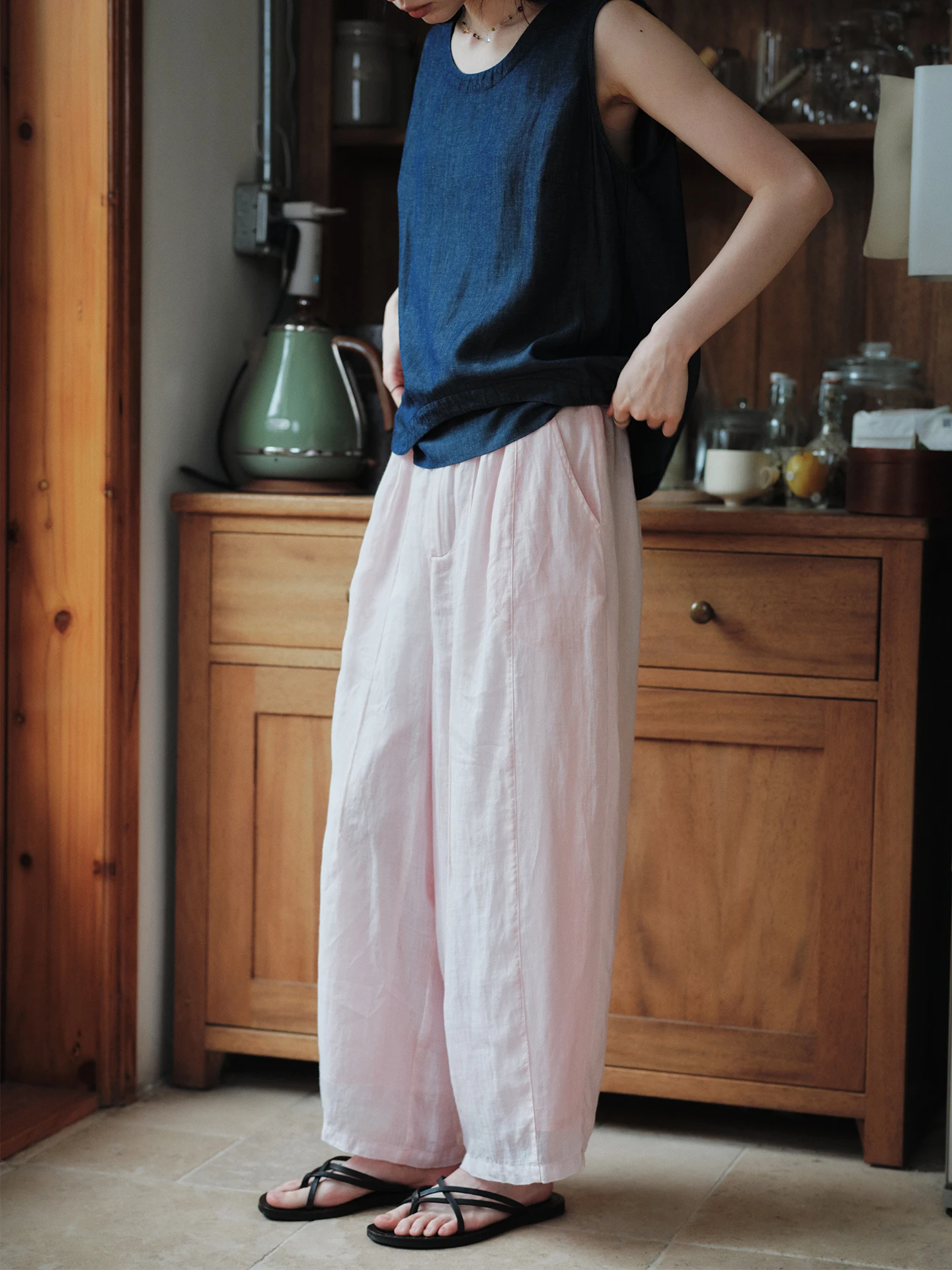 

Pure Flax Thin Waist Casual Pants Women's Summer 100 Stems Loose Fit Wide Leg Trousers Natural Waist Comfortable Leisure Pants