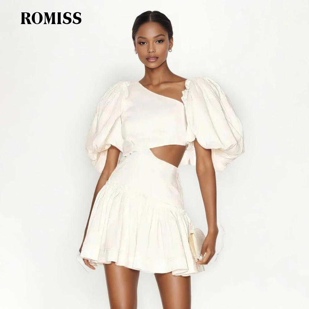 ROMISS  Hollow Out Fashion Dresses For Women Round Neck Puff Sleeve High Waist Folds Slim Solid Summer Mini Dress Female 2024