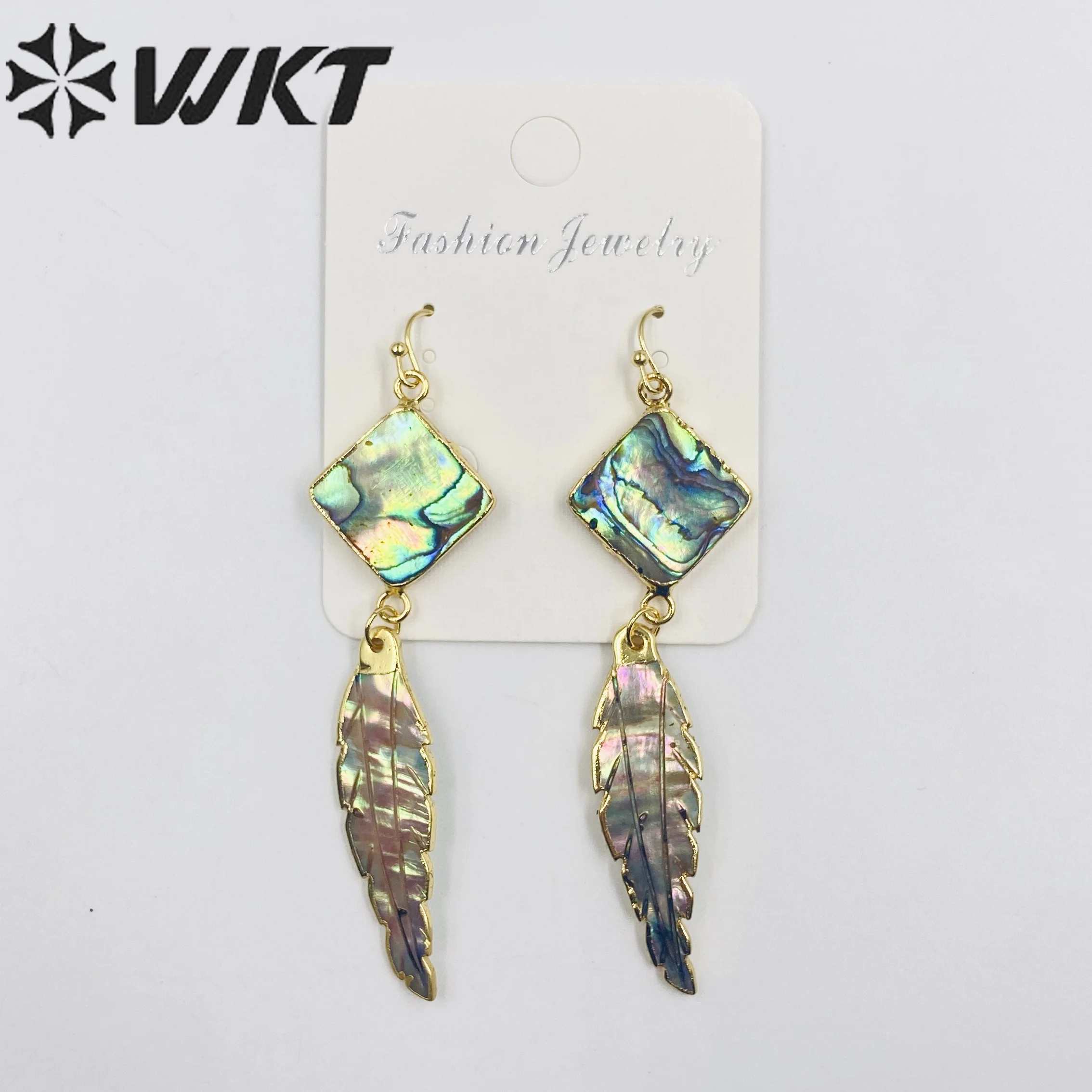 WT-E326 Wholesale Natural Abalone Shell Earrings Unique Design Elongated Feather Shell Earrings Summer Pop