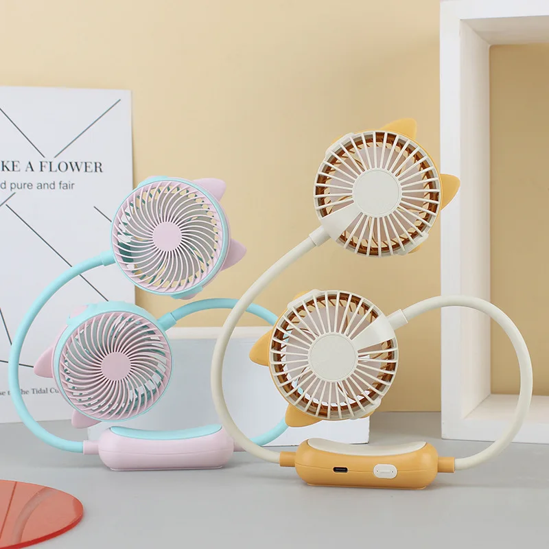 Cooling Products High-looking outdoor cartoon hanging neck lazy small fan company gift portable folding rechargeable sports fan