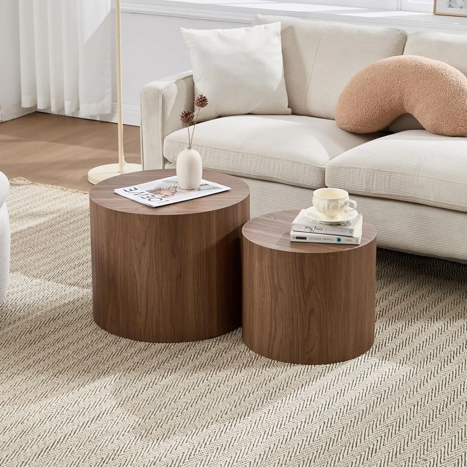 

Round Coffee Tables Side Table Set of 2, Wood Nesting End Table for Living Room Balcony Office, Walnut Wooden Color, No Assembli