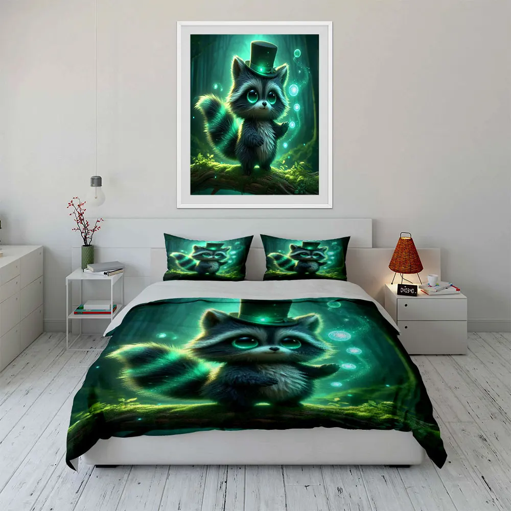 3pcs Raccoon with Glowing Green Light Duvet Cover Set with 3D Printing Design Soft Polyester Bedding Set All-Season Comfort