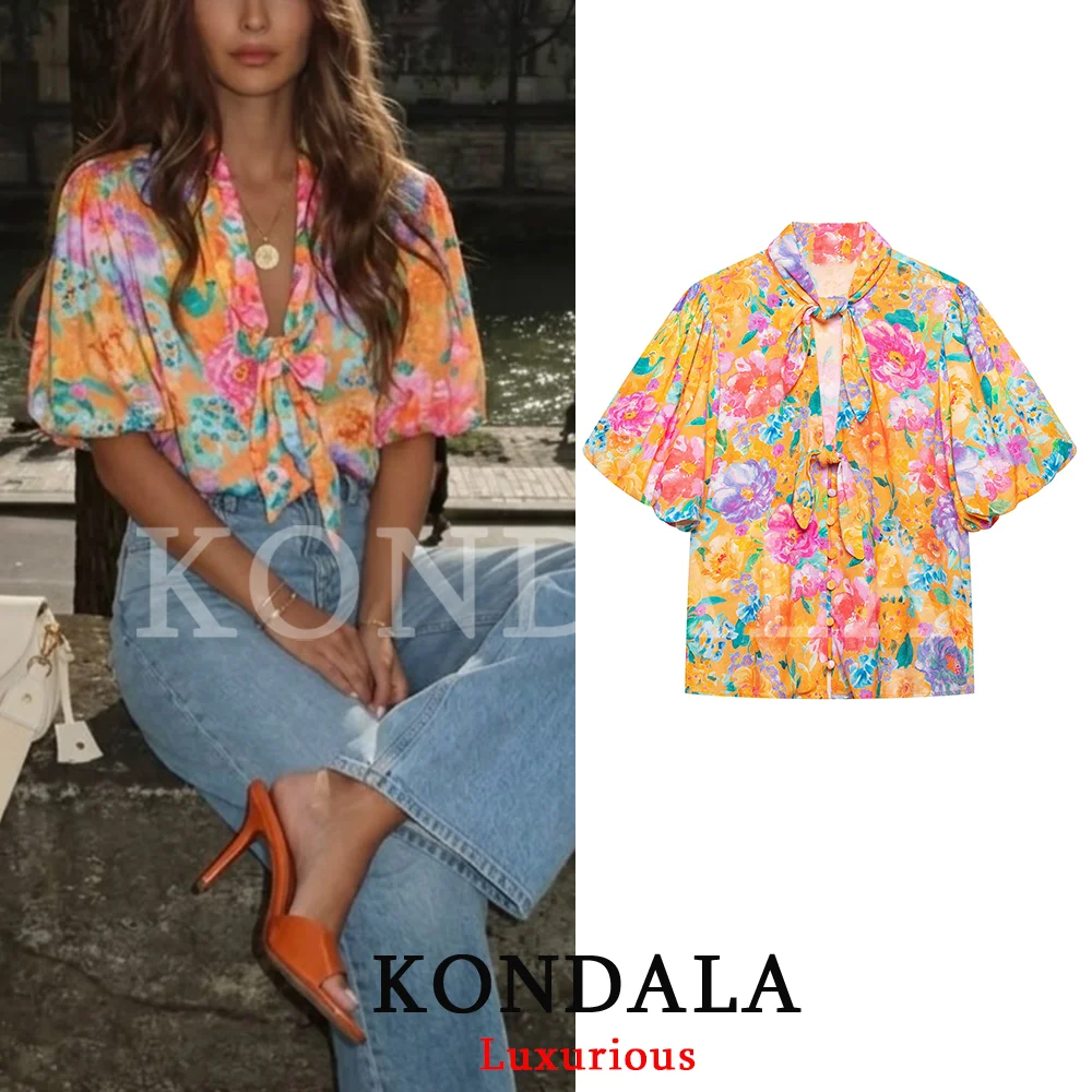 KONDALA Casual Chic Women Boho Blouse Print O-Neck Short Sleeveless Bow Button Loose Shirt Fashion 2026 Summer Holiday Blouse