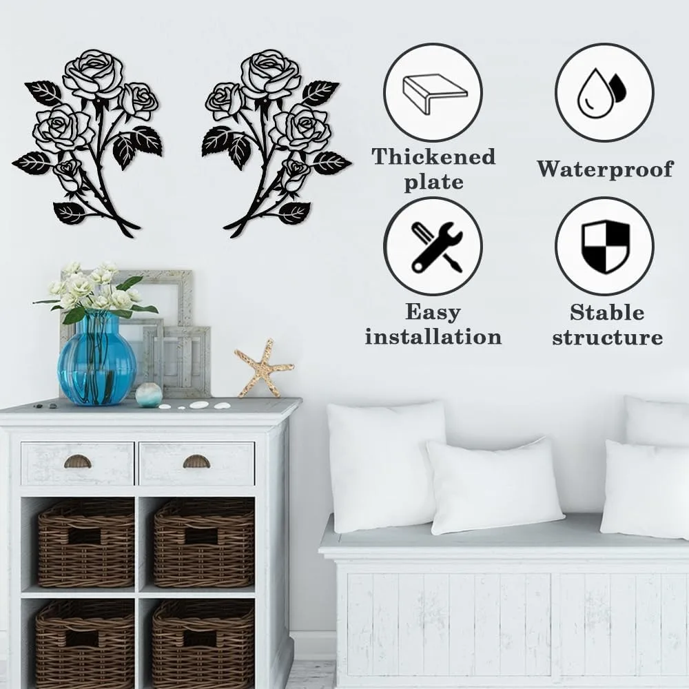 Black Rose Metal Wall Art Iron 2Pcs Floral Sculpture Living Room Bathroom Garden Hanging Mural Horticulture Decor Gift