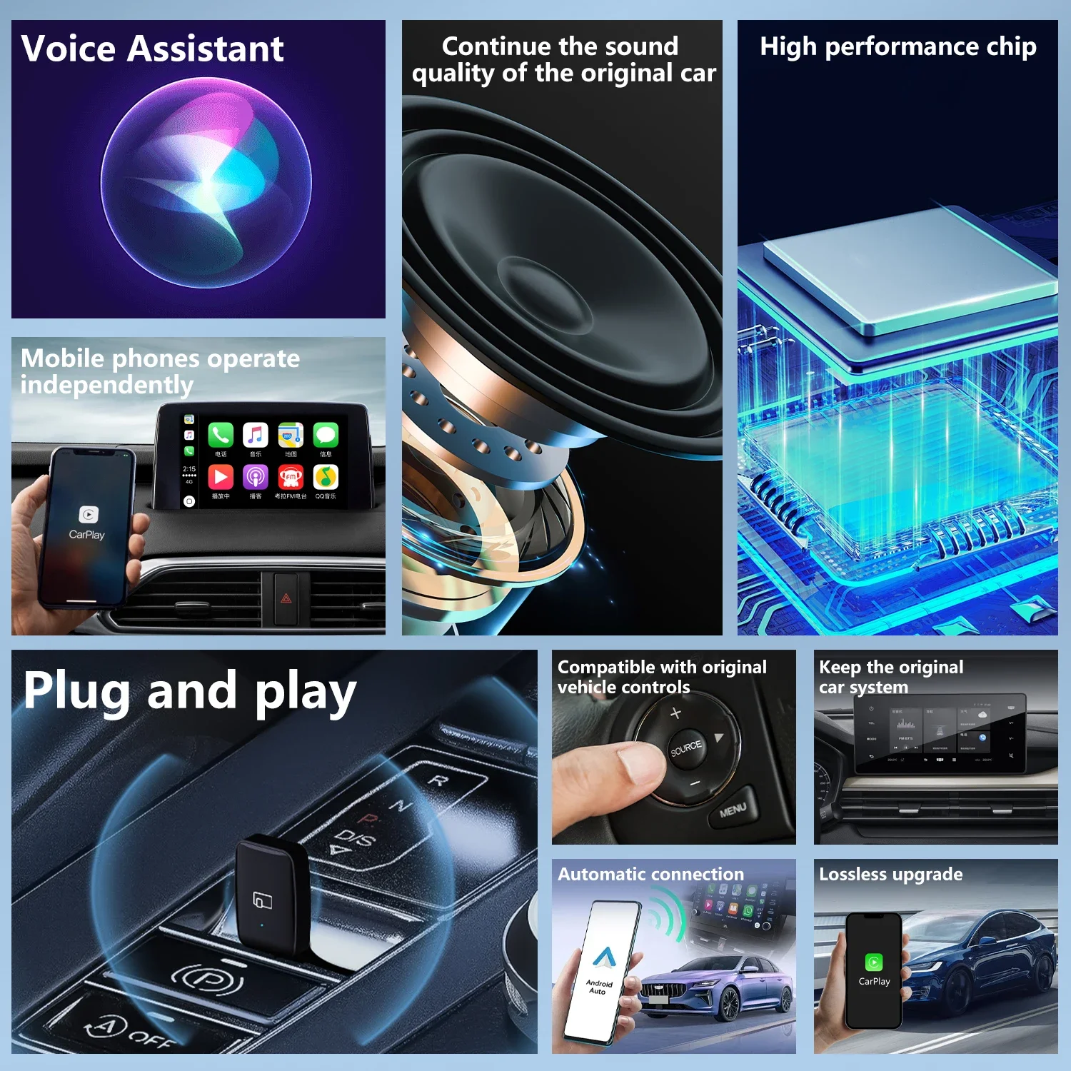 Mini Wired to Wireless 2 in 1 AI Box Carplay 5G Wif & Bluetooth 5.0 Android Auto Plug and Play Non-inductive Connection