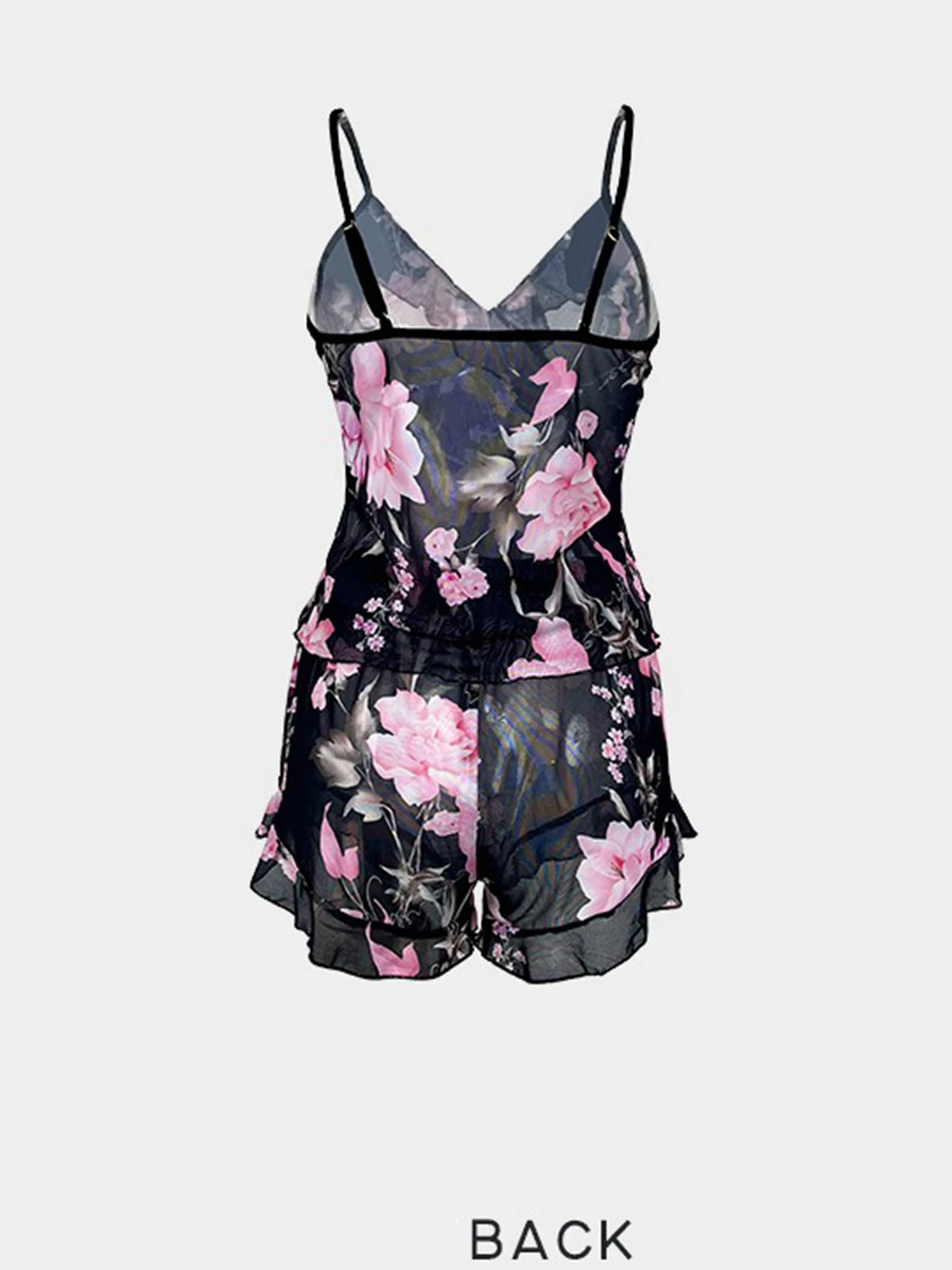 Sleepwear Women's Summer Pajama Set Floral Print Sexy strap Backless Crop Cami Top & Shorts Nightwear ﻿