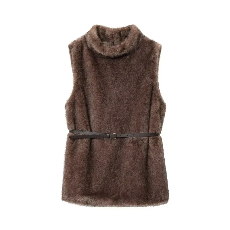 

2026 Autumn Winter Womens Elegant Sleeveless Faux Fur Vest Pollover Belt Lady Vintage Chic Warm Loose Long Turtleneck Waistcoats
