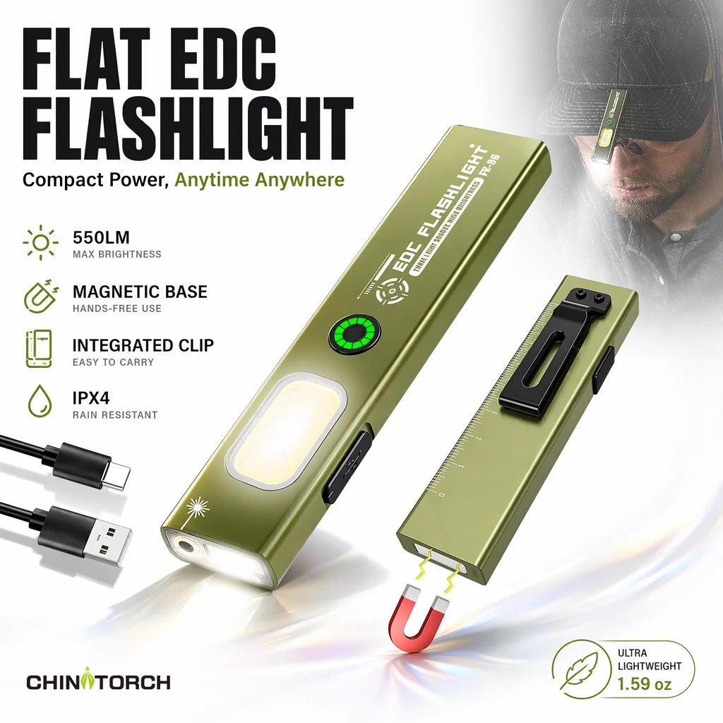 Rechargeable EDC Flashlight, 550LM COB Inspection Work Light, Magnetic Base & Hat Clip, USB-C, UV Black Light for Auto Repair,