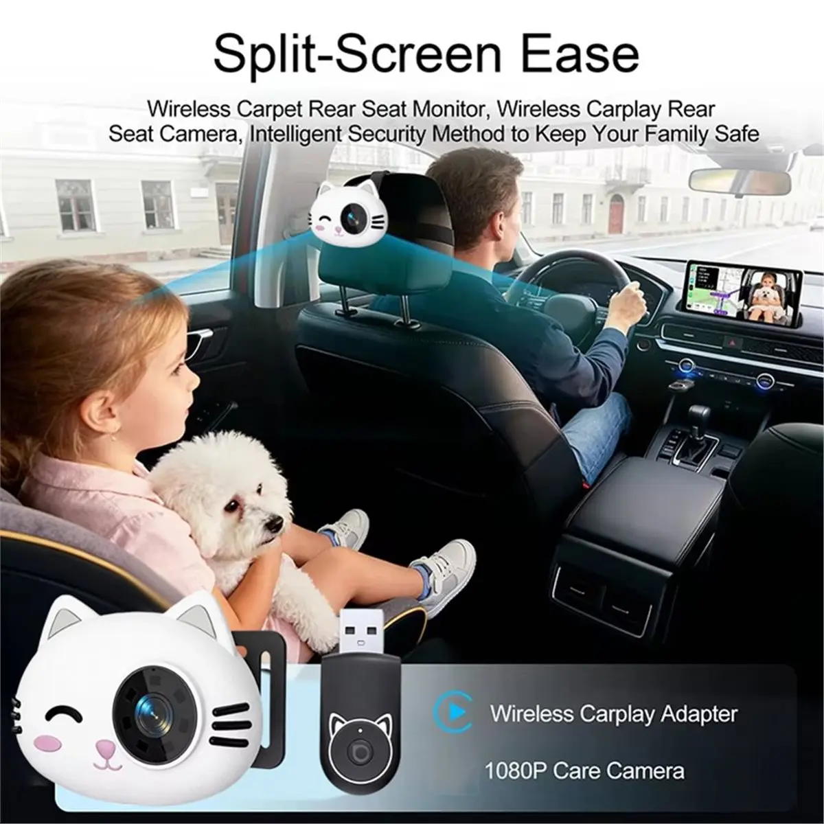 PROMOTION~ Wireless CarPlay Adapter 1080P Rear Seat Camera 150° Wide Angle Night Vision AI Monitor for Kids Pets