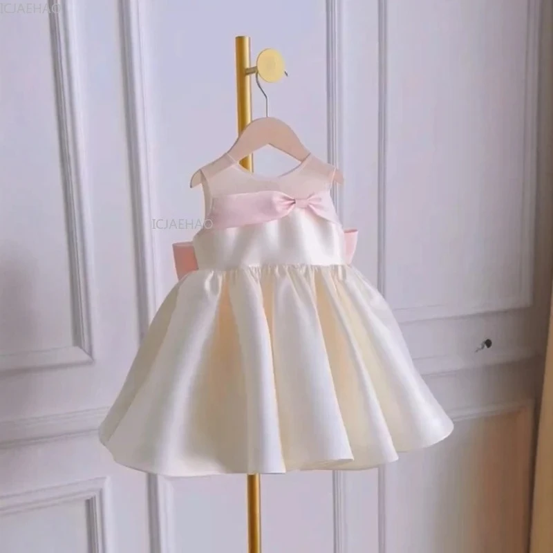 

Pink Sweet Satin Children Girls Dress New Baby First Birthday Princess Party Gown Toddler Formal Celebration Outfit Kids Autumn
