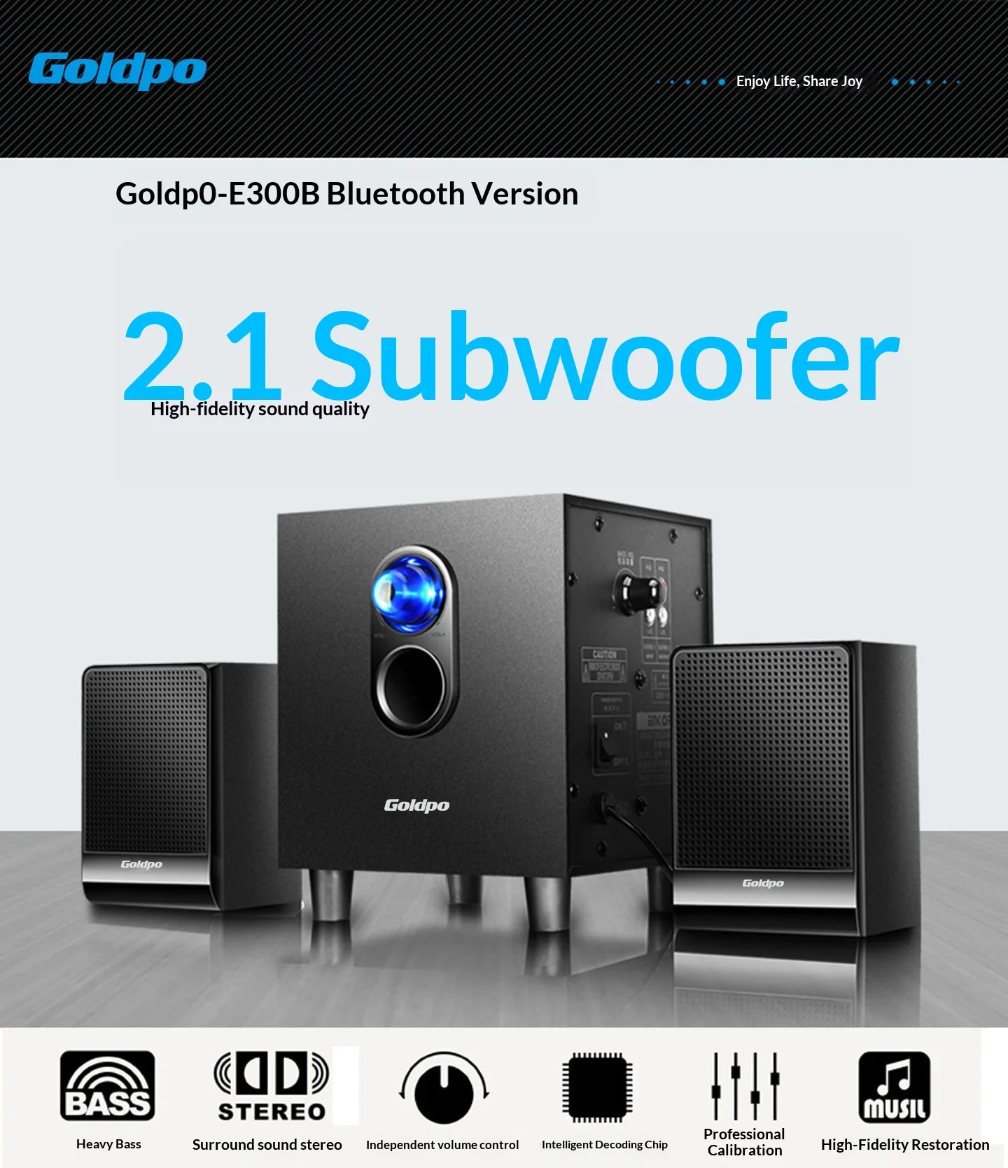 Goldpo E300B Bluetooth Audio 2.1 Subwoofer Speaker Combination Bass Stereo Music Player Subwoofer Sound Box