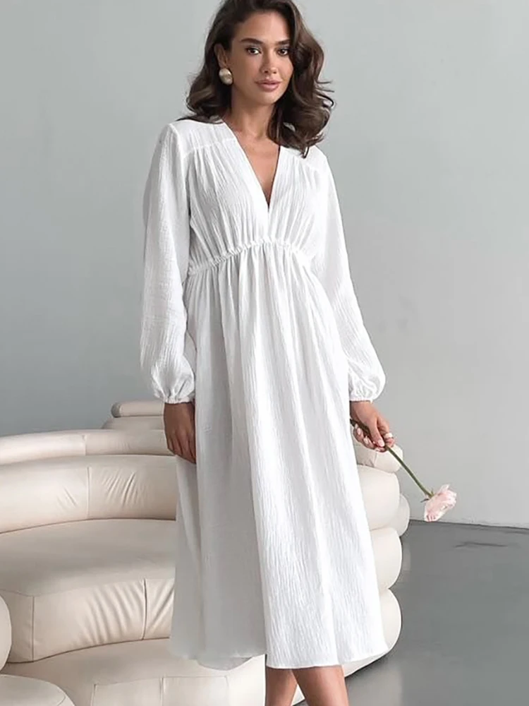 Linad Loose Night Dress Women Cotton Long Sleeve V Neck Sleepwear Solid Woman Dresses Autumn Female Nightwear Casual Pajamas