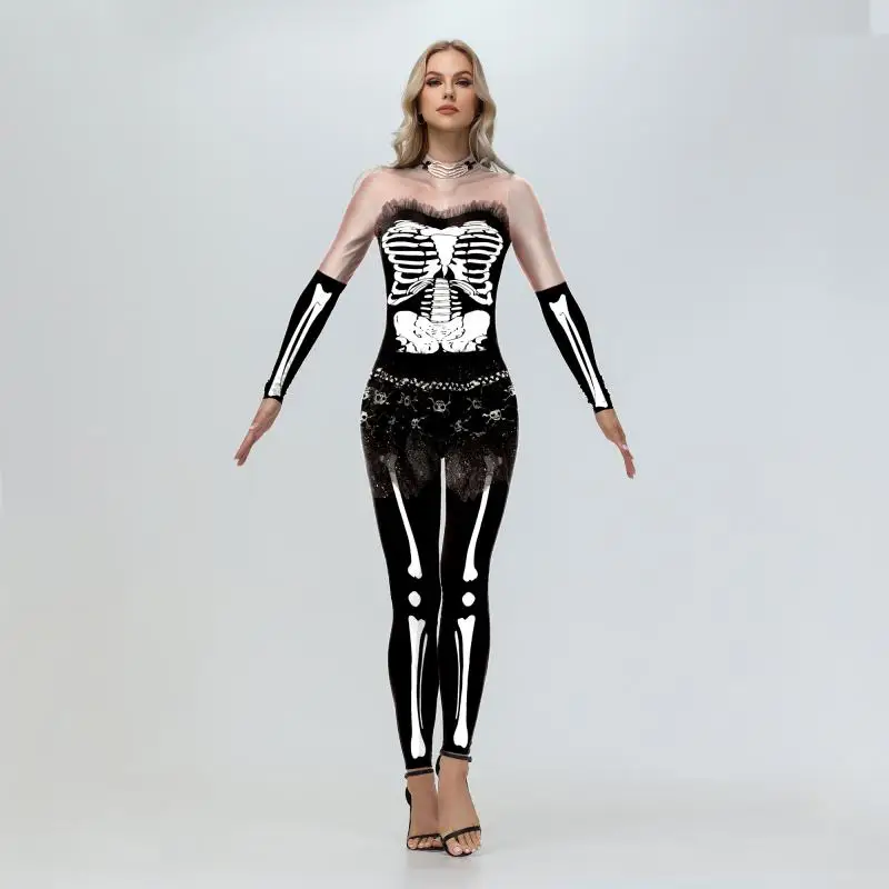 Skeleton Printed Cosplay Costumes Adult Long Sleeve Jumpsuit Carnival Party Halloween Bodysuit Scary Outfit Sexy Women Clothing