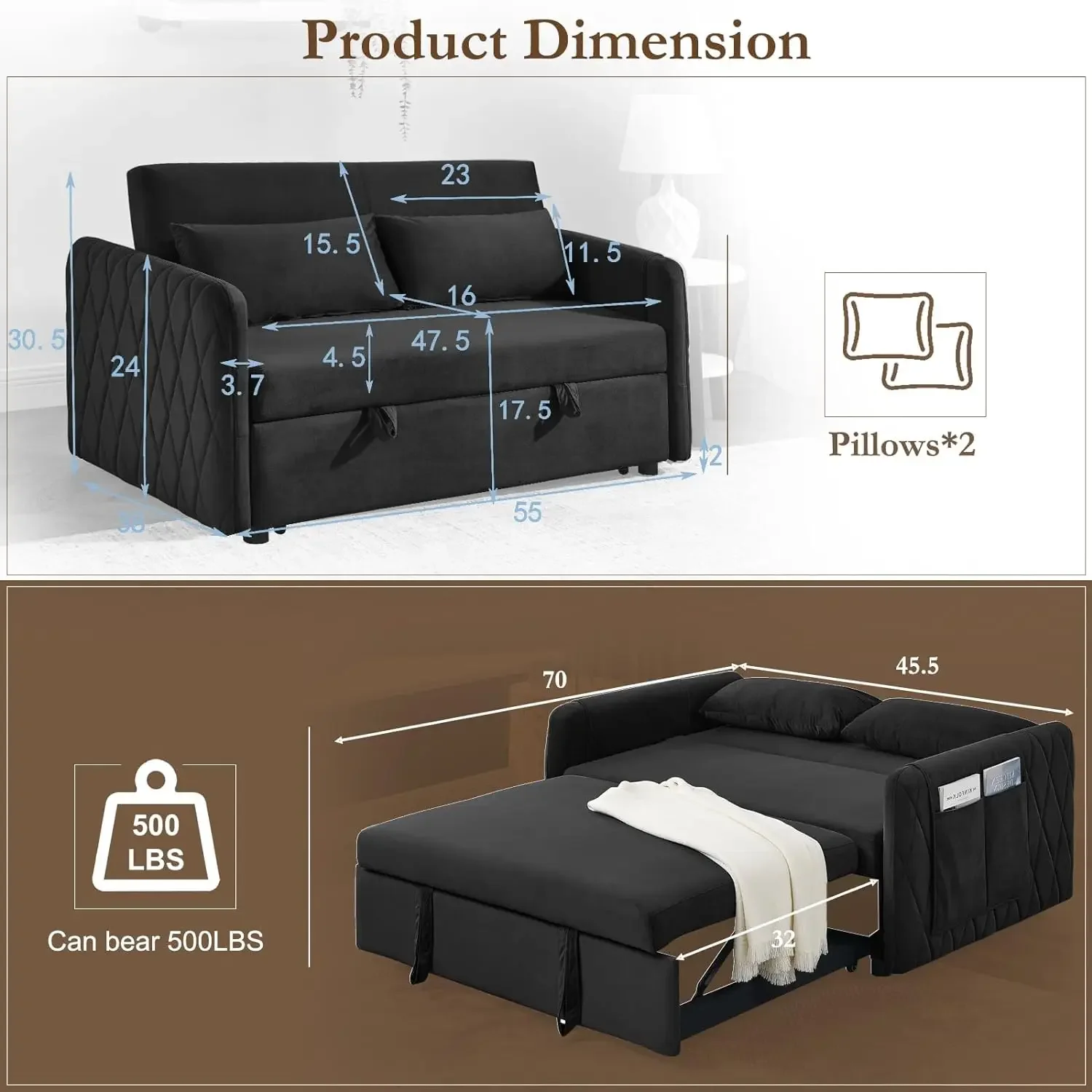 3 in 1 Convertible Loveseat Sleeper, Pull Out Couch with Adjustable Backrest,Chaise Lounge Futon Couch