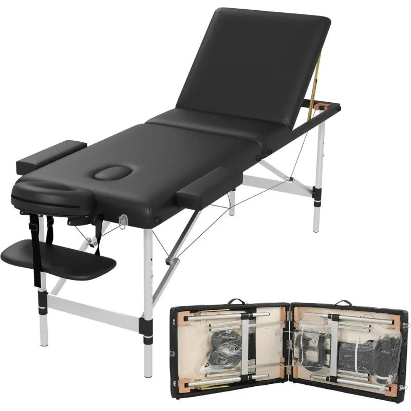 Massage Table Massage Bed, Portable 3 Section Foldable Tattoo Bed, Height Adjustable Lash Spa Bed with Face Cradle, Home Light