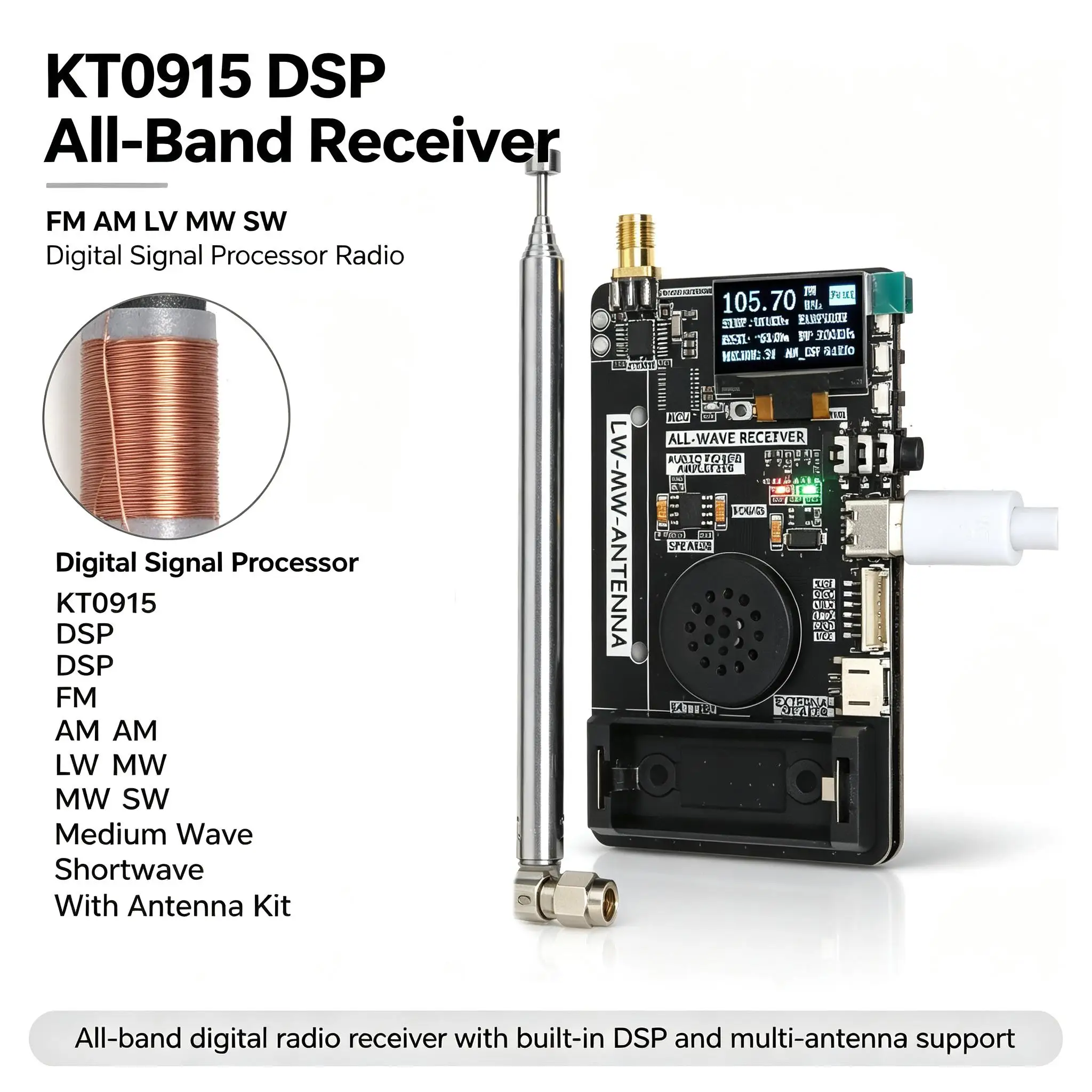 DYKB Digital Signal Processor KT0915 Radio All-band Receiver FM AM LW MW SW W Antenna Medium Wave Shortwave Radio Transceiver RF