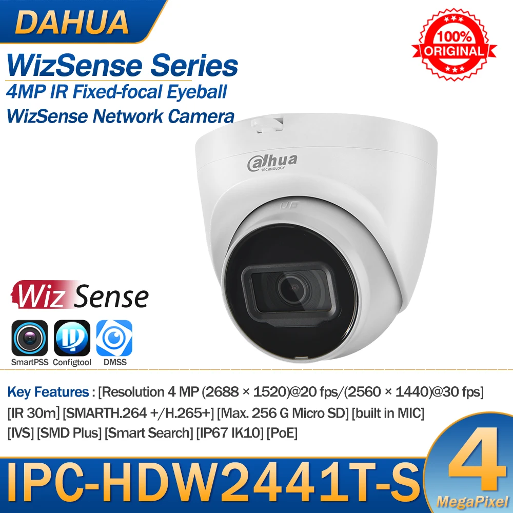 Dahua IP Camera 4MP IPC-HDW2441T-S WizSense Network POE Build in MIC SD Card Slot IR 30m Original Upgrade Video Surveillance