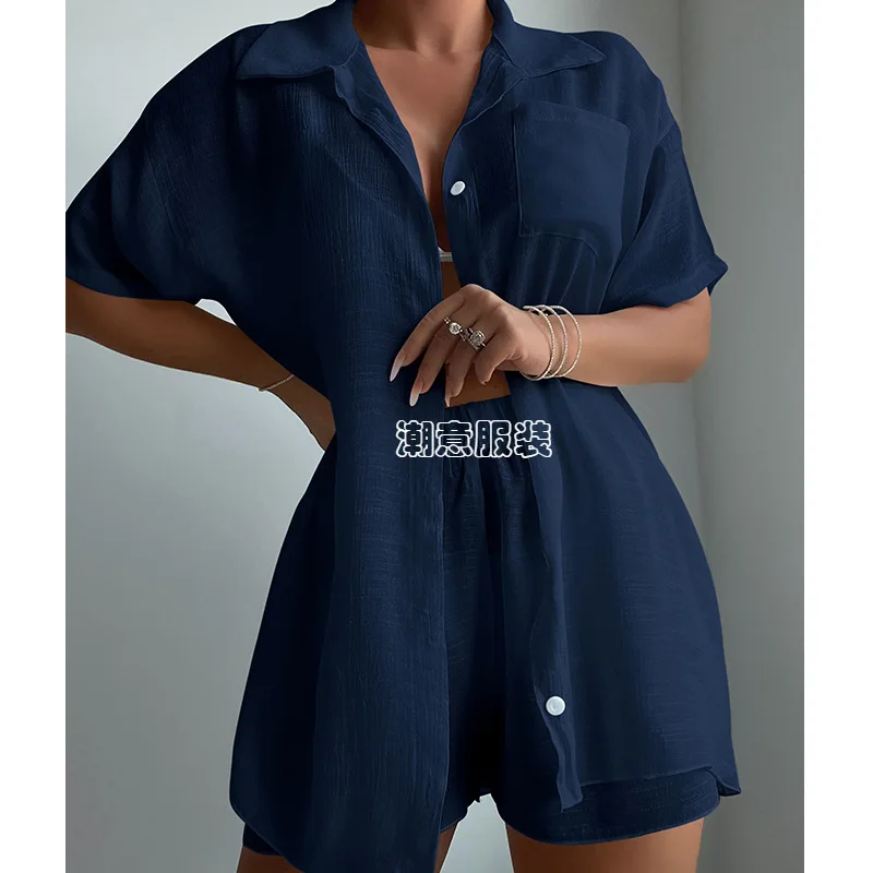 Conjunto de camisa de manga curta para férias de praia, monocromático casual e solto, roupa de banho de praia, nova, verão