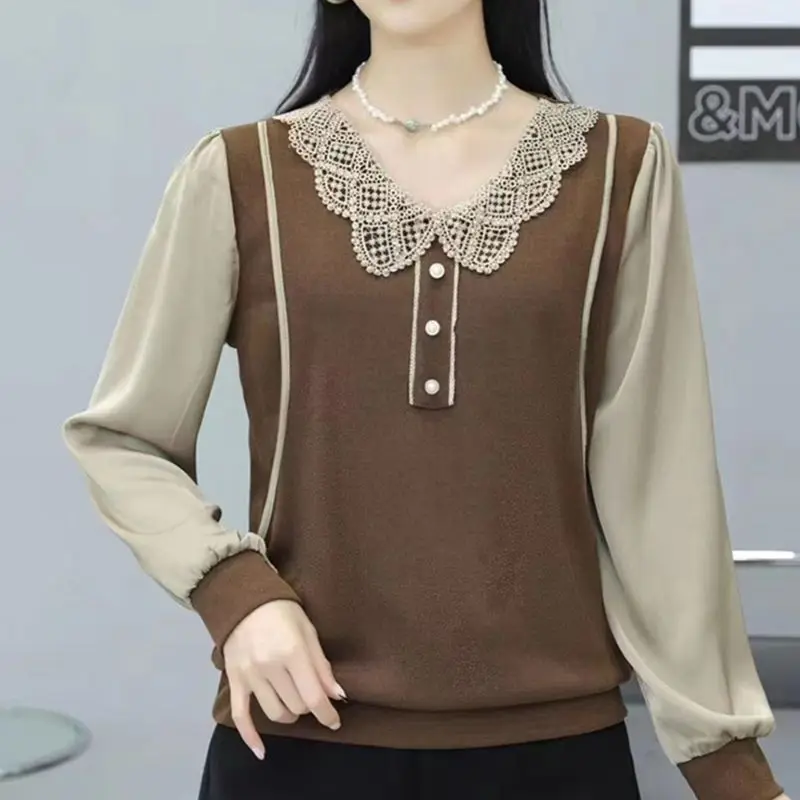 Blusa de encaje empalmado con botones y cuello Peter Pan para mujer, ropa holgada, Tops que combinan con todo, Otoño, 2024