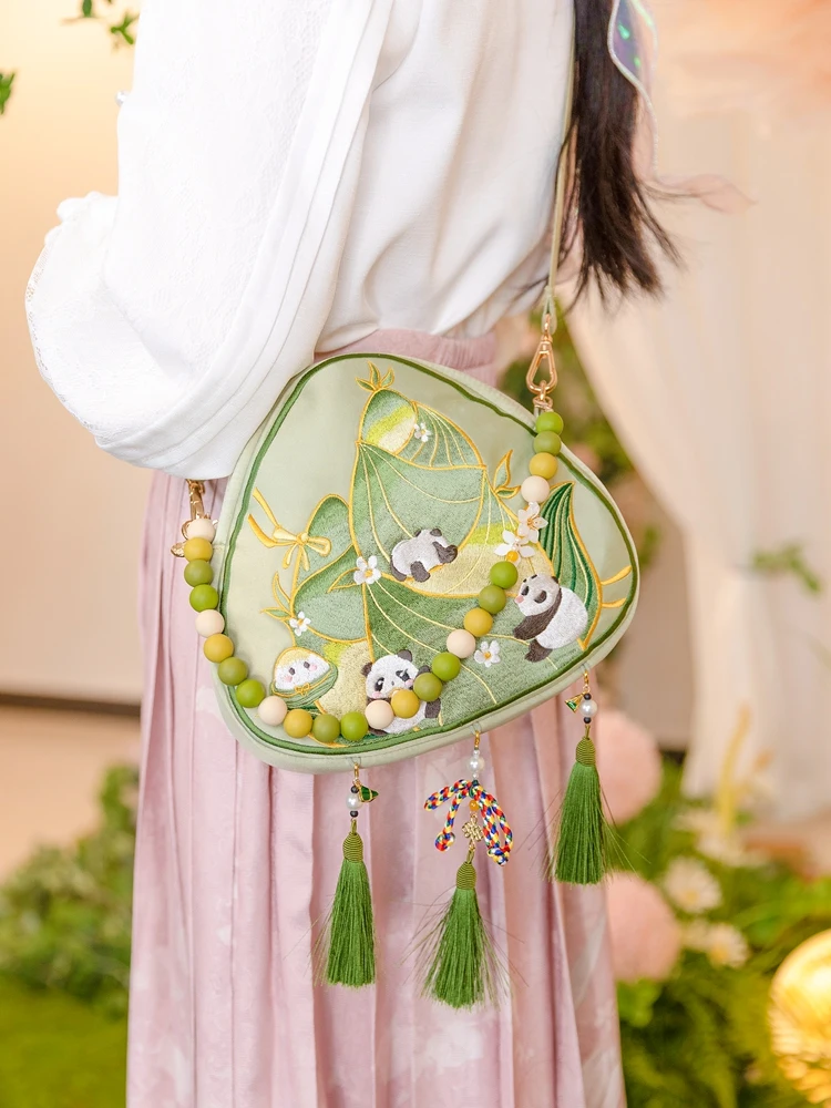 

Сумка с вышивкой панды, сумка Hanfu, антикварная сумка-мессенджер, сумка для мобильного телефона в стиле Лолиты для девочек, милая сумка Zongzi, клуб лодок