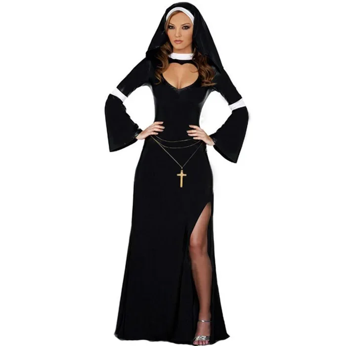 Retro Hot Halloween Cosplay M, L Fashion Black Costume Women Sexy Nun Costume Vinyl Cosplay Halloween Long Costume