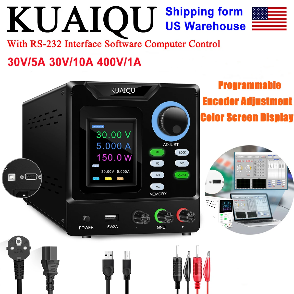 30V-400V DC Power Supply RS-232 USB Software Port Lab Stabilizer Source 4 Set Storage Memory 30V 10A Adjustable Regulator