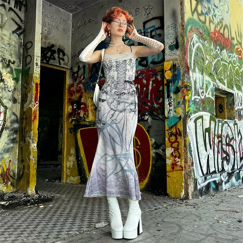 Oshfall American Hot Girl 2024 Sommer neue ärmellose Mode bedruckte Riemen abnehmen lange hohe Taille Kleid