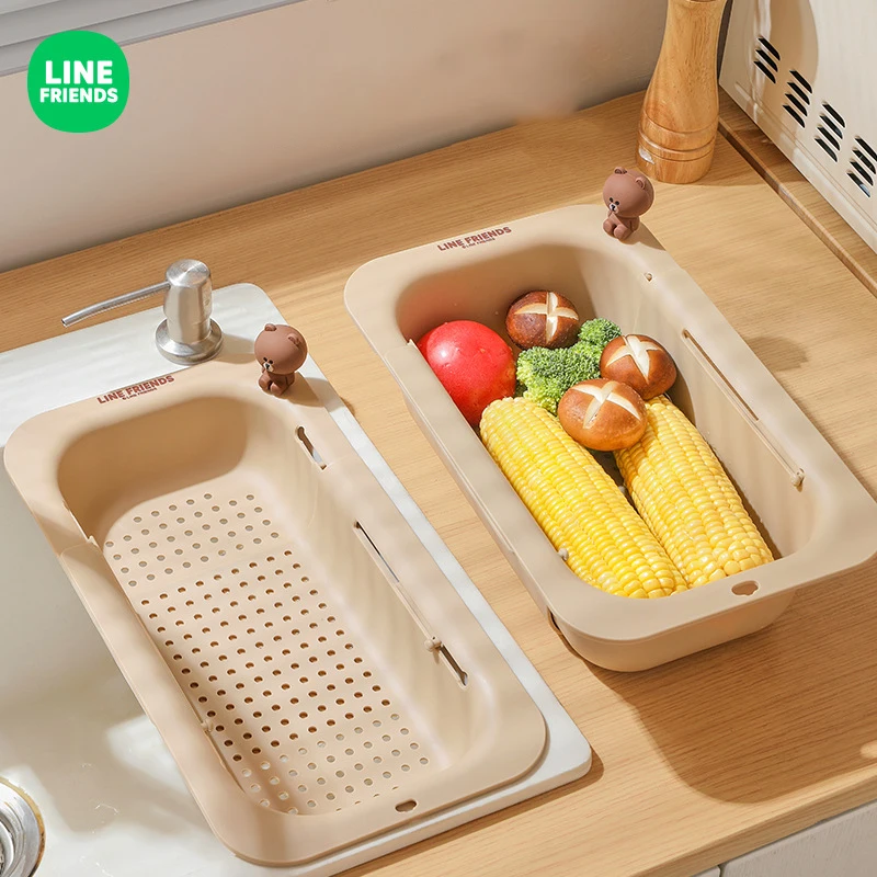 Line Friends Cartoon Brown Free Retractable Drain Basket Kitchen Sink Dish Rack Fruit Basket Kawaii Sink Drain Rack