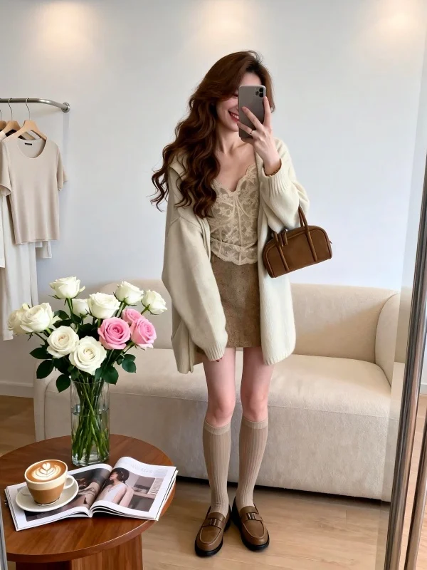 

Women's Knitted Lace Top And Skirt Set Spring Fashion Casual Wear Micro Elastic High Waist round Neck Long Sleeve