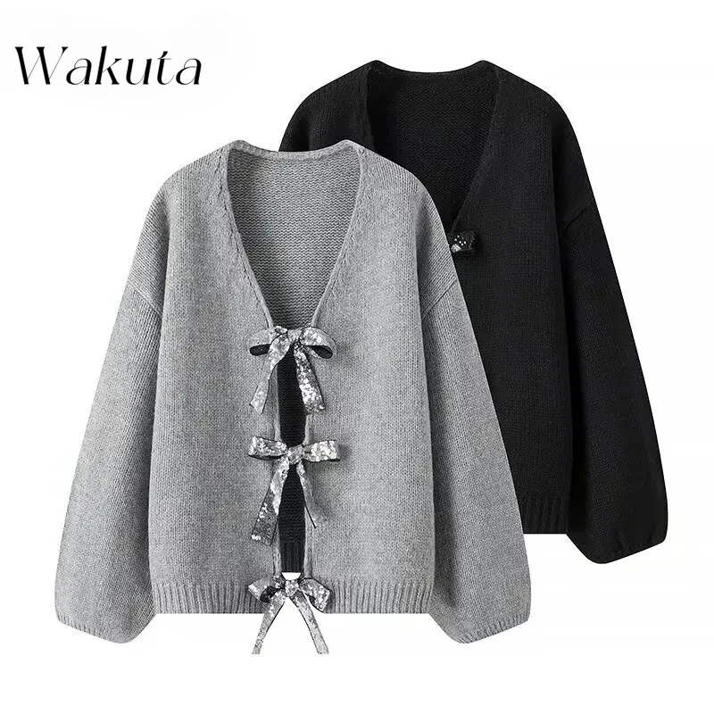 WAKUTA Retro Fall And Winter Long-sleeved Sequins Tie Cardigan Fashion Classic Bow Loose Versatile Knitted Sweaters 여성 반팔 니트