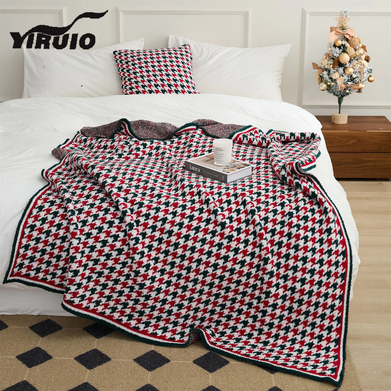 

YIRUIO Luxury Christmas Decoration Blanket Winter Warm Cozy Downy Microfiber Knitted Bed Sofa Houndstooth Festive Gift Blankets